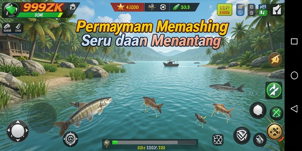 Tampilan gameplay 999ZK yang seru saat memancing di laut.